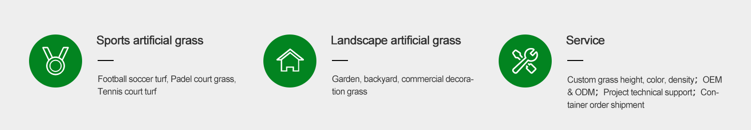 Three category tiles: Sports artificial grass, Landscape artificial grass, and Service, each with a green circular icon and brief descriptions.