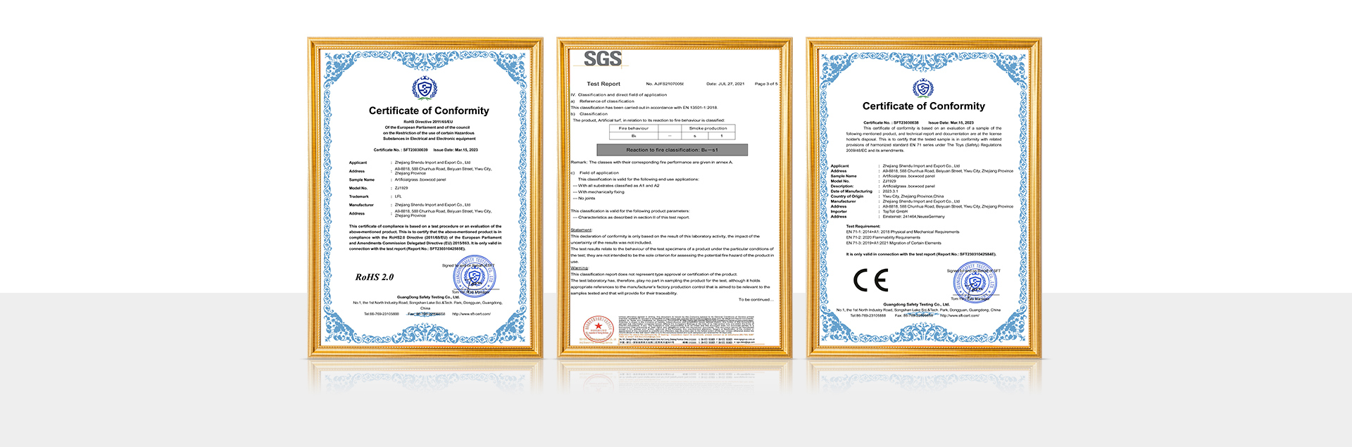 Three framed Certificates of Conformity on a white background with gold frames; left and right have ornate blue borders, center shows SGS text.