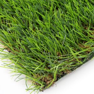30mm synthetic grass close-up, dense green blades with natural thatch