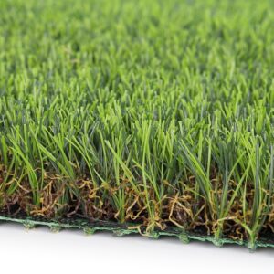 36mm synthetic grass close-up, dense green blades with natural thatch