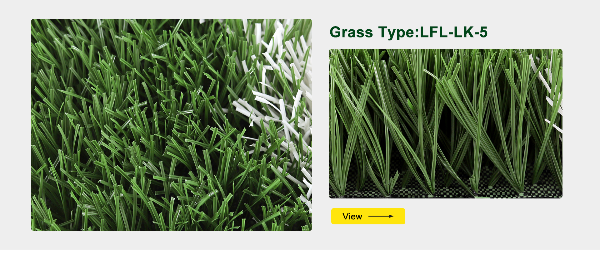 Close-up of dense green grass blades (left) with a secondary image showing Grass Type: LFL-LK-5 and a yellow View button on the right