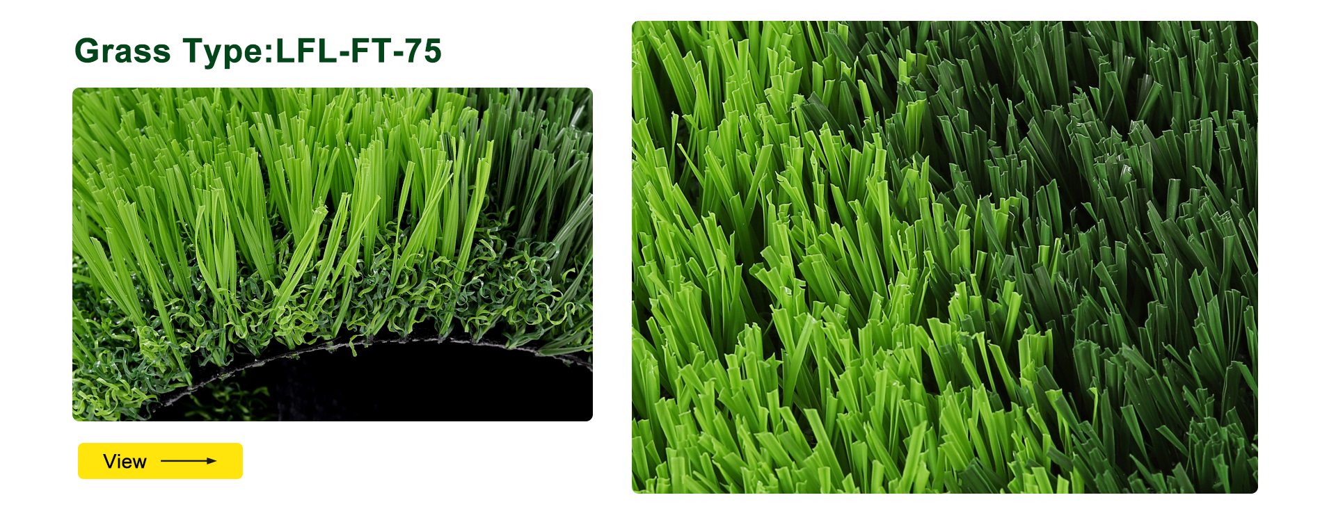 Product gallery for Grass Type:LFL-FT-75; left: close-up of artificial grass edge, right: a larger grassy field