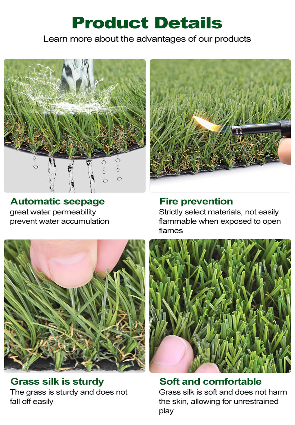 LFL artificial grass product details: automatic seepage, fire prevention, sturdy and soft grass