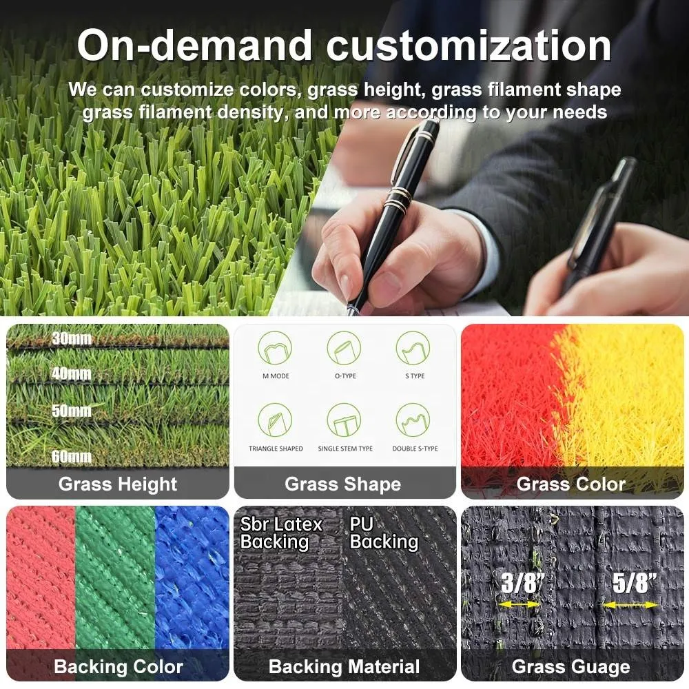Custom artificial grass options including different heights, shapes like S-type and M-mode, and backing materials like PU and SBR latex from LFL Grass factory.