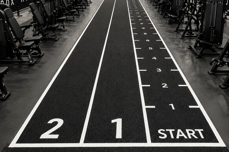 Indoor gym track with numbered artificial grass lanes and START marking