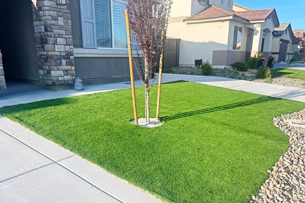 Front yard with a young tree supported by stakes planted in artificial turf, next to a sidewalk and modern house façade in the background.