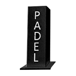 Padel-17-3 - LFL Grass | Artificial Grass Manufacturer & Supplier Black vertical sign pillar with the word PADEL written vertically in white letters.