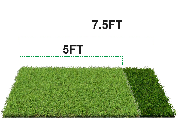 Two rectangular patches of lush green turf, front patch 5 ft long and back patch 7.5 ft, illustrating available turf sizes.