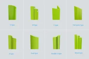 Artificial Turf Yarn Types Cross-Section Chart - LFL Grass | Artificial Grass Manufacturer & Supplier - LFL Grass | Artificial Grass Manufacturer & Supplier Artificial turf yarn types cross-section chart showing C, W, V, Flat Spine, S, Oval, Double-S and Wave monofilament profiles