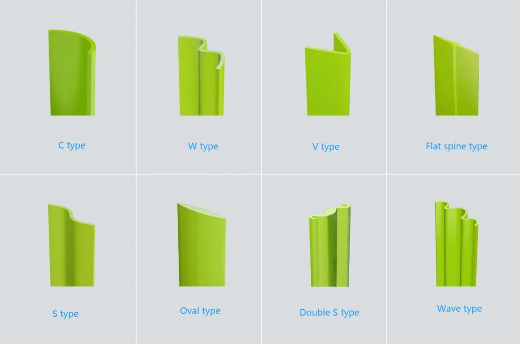 Artificial turf yarn types cross-section chart showing C, W, V, Flat Spine, S, Oval, Double-S and Wave monofilament profiles