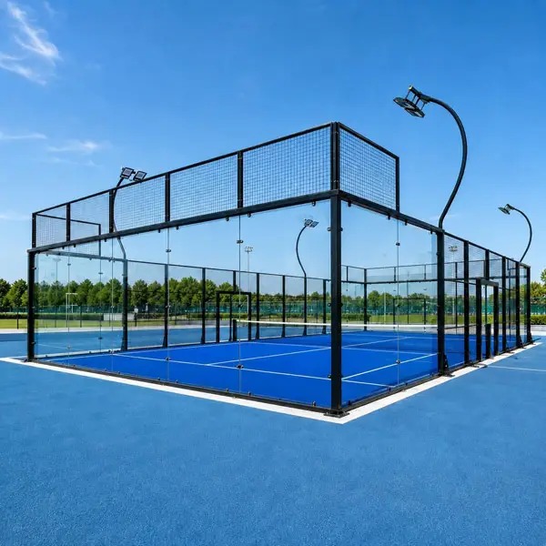 Outdoor blue padel artificial grass court with glass walls