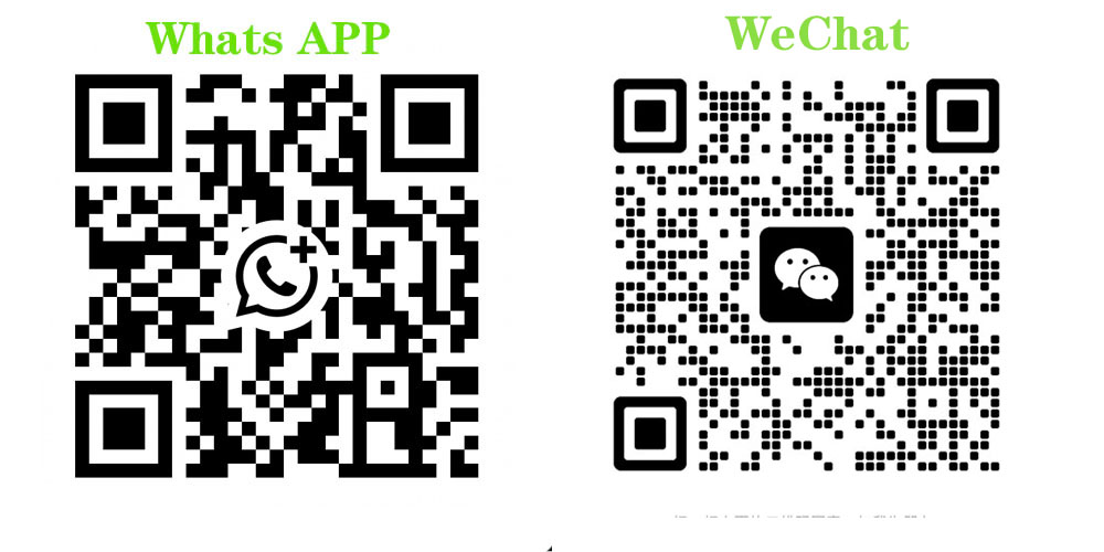 Two QR codes side by side for apps: left for WhatsApp (with WhatsApp icon), right for WeChat (with WeChat icon); scan to add contact.