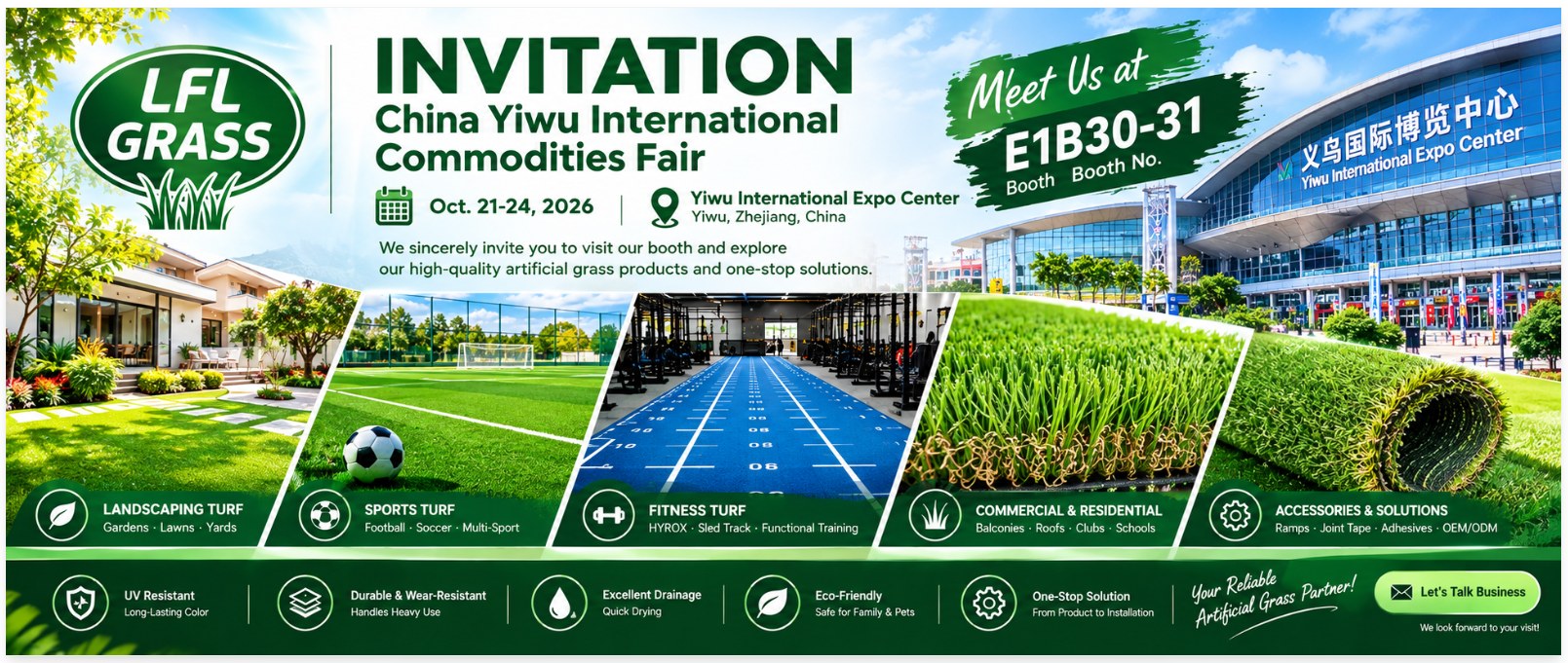LFL Grass invitation to the China Yiwu International Commodities Fair 2026, Booth E1B30-31, 21-24 October 2026, Yiwu International Expo Center