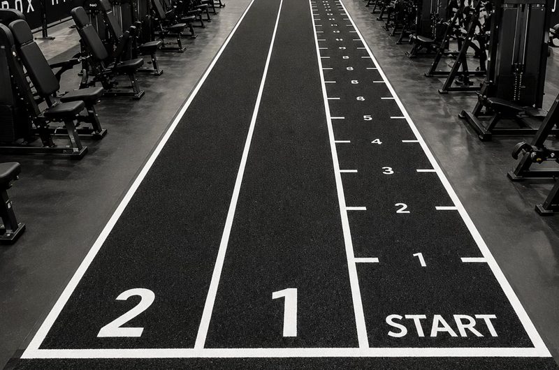 Indoor gym track with numbered lanes 1 and 2, labeled START at lane 1, ready for a sprint drill.